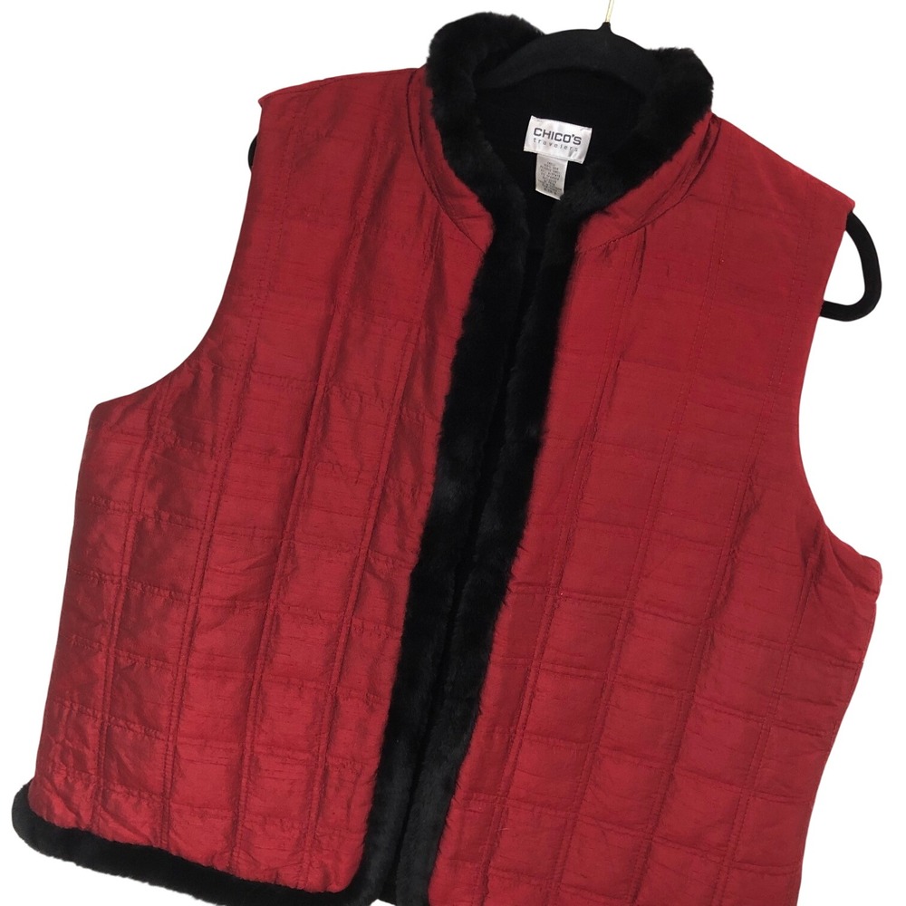Chicos 3 Womens‎ Red Black Silk Vest Quilted Reversible Fur Trim Spring Fall XL